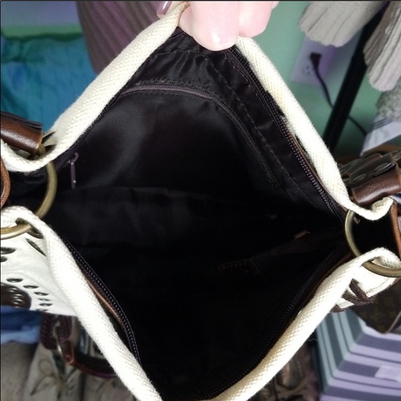 Unsure look for boho Leather canvas braided Crossbody Purse copper rings fringe - Picture 6 of 9